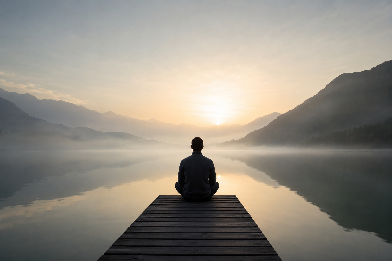 Personne en méditation au bord d'un lac au lever du soleil
